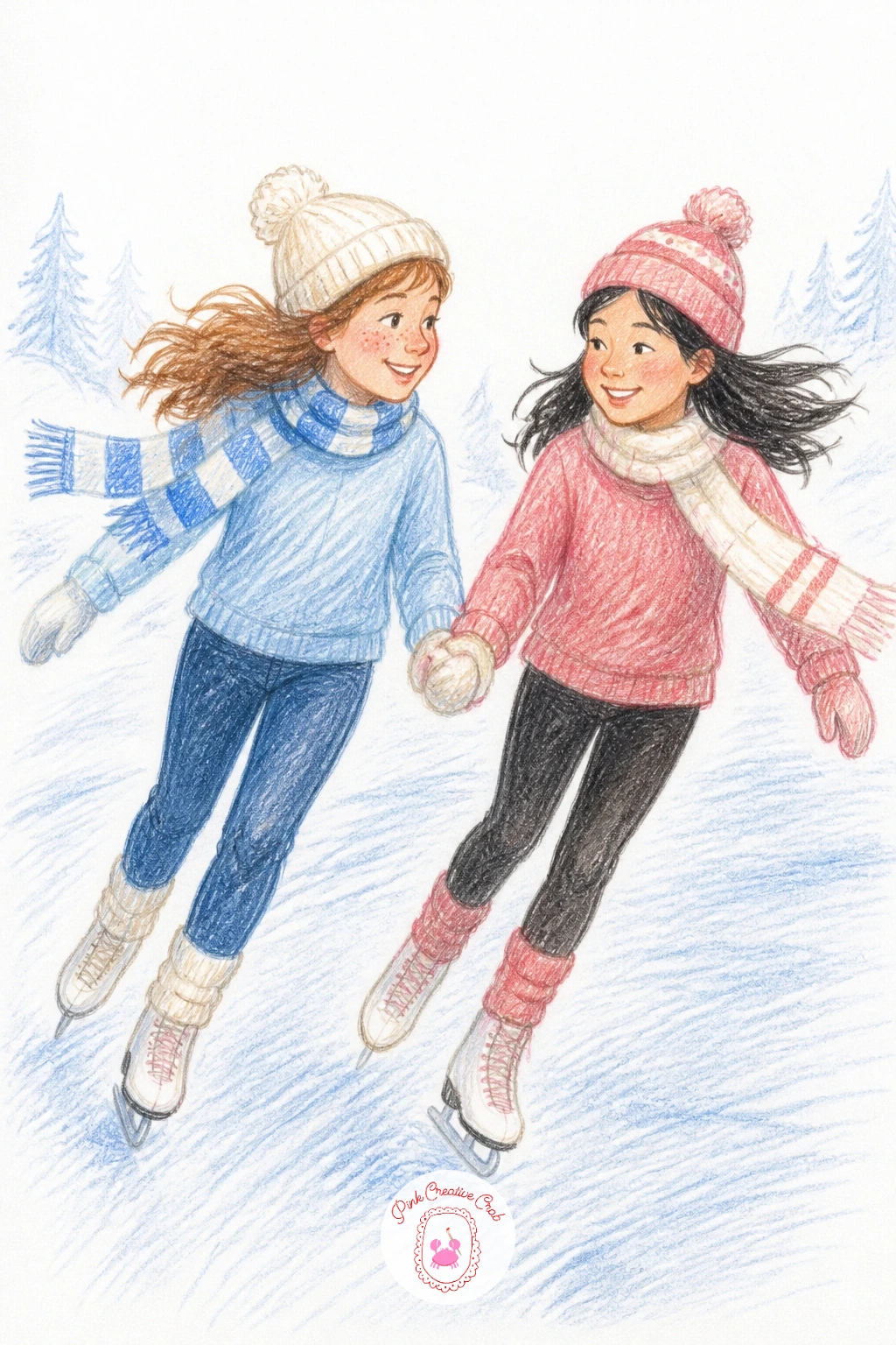 Ice Skating Holding Hands — Trade grass for ice, since ice skating holding hands lives or dies on how convincingly the pose leans. Friends drawing