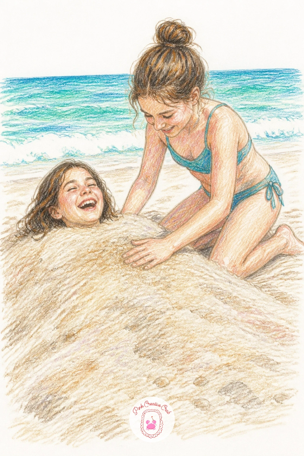 Burying a Friend in Sand at the Beach — Moving from ice to sun, burying a friend in sand turns one figure into mostly a head and shoulders, which makes this an
