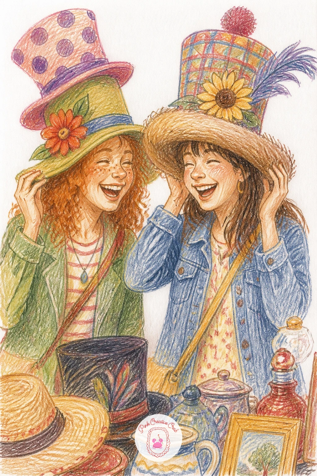 Trying Silly Hats at a Flea Market — Carry that playful mood into trying silly hats at a flea market, a scene where exaggeration is the whole point of the