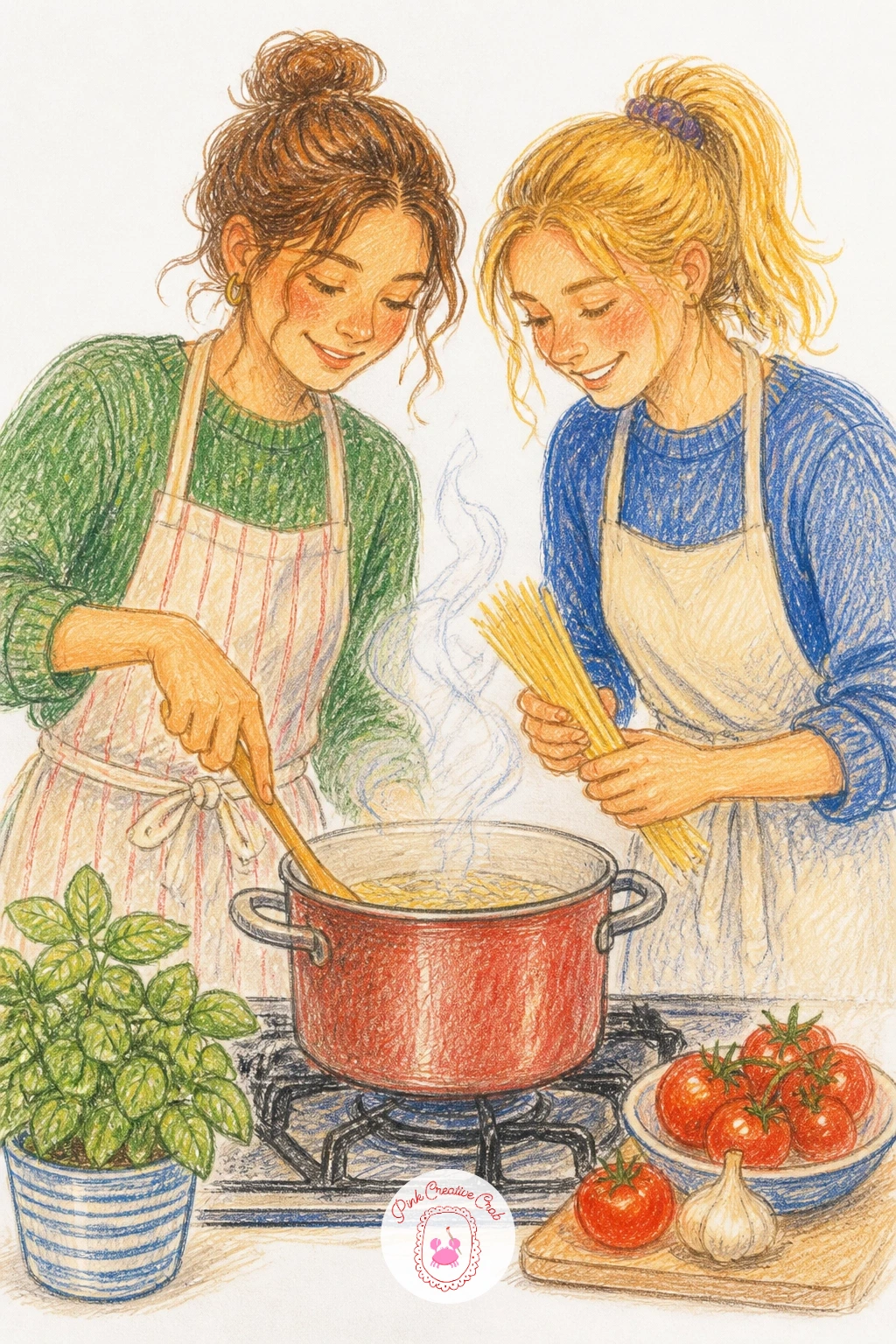 Cooking Pasta Together — Back into the kitchen for cooking pasta together, a scene that works well in its quick form if you only have ten minutes. Friends