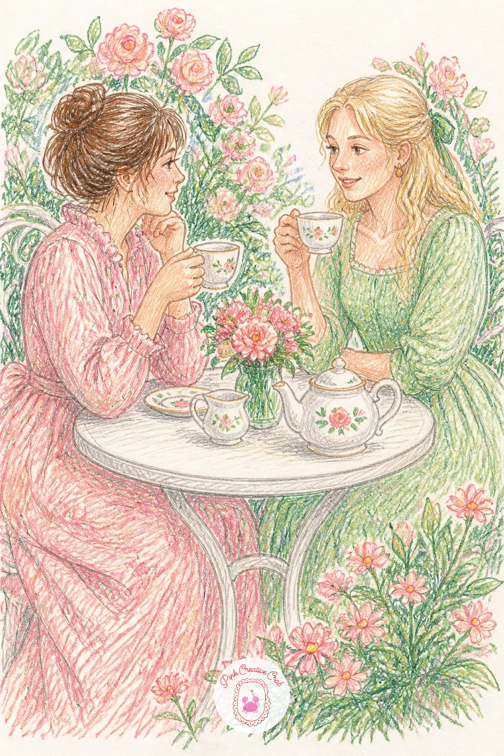 A Tea Party in the Garden — Moving outdoors again, a garden tea party gives you a small round table to anchor the whole composition, drawn as a simple ellipse