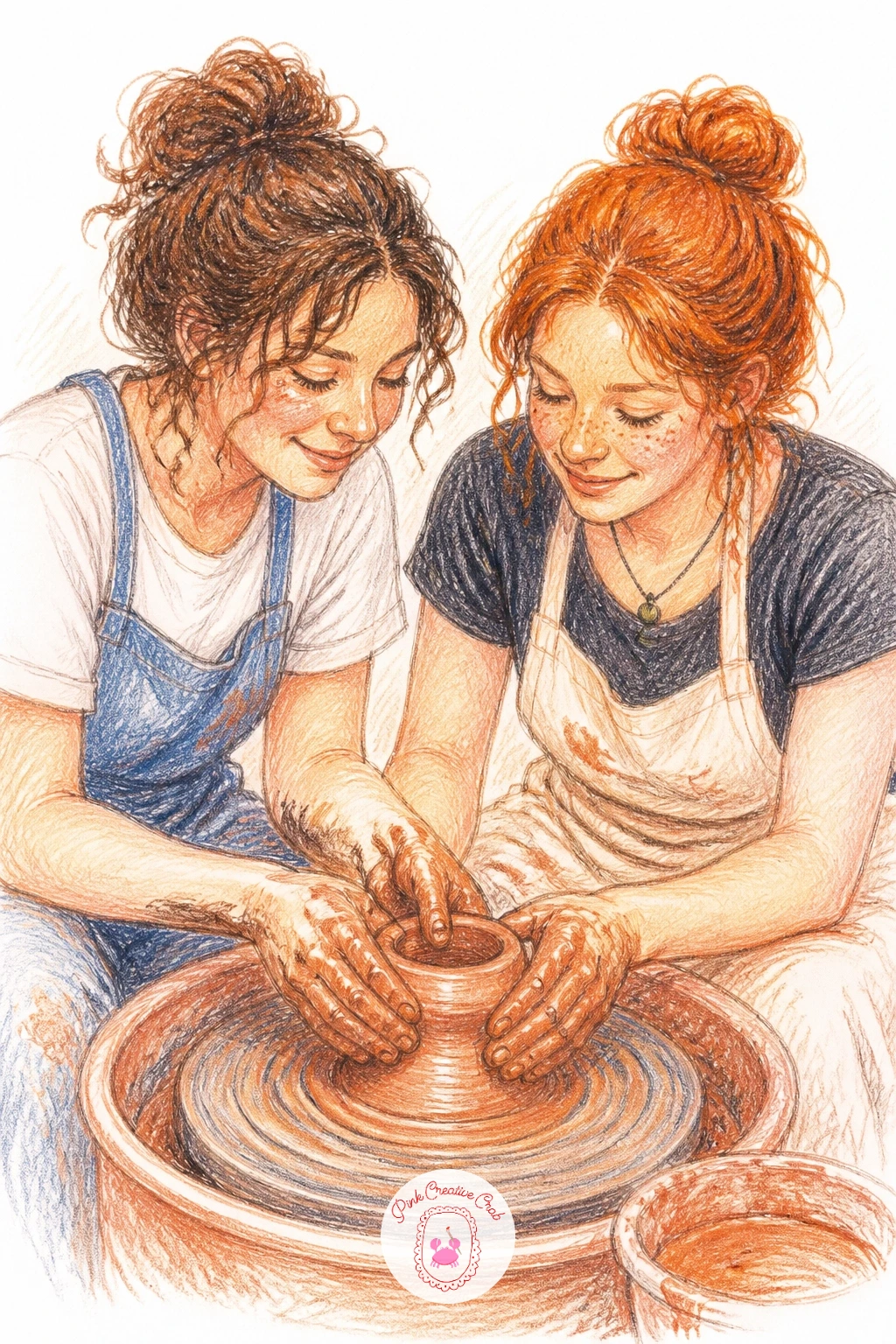 A Pottery Class — From teacups to the pottery wheel itself, this scene asks for a side eye level low enough to see straight across the wheel's surface. Friends