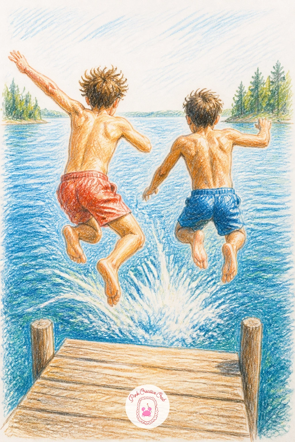 Jumping Into a Lake From a Jetty — Bring the energy back up with two friends jumping into a lake from a jetty, a scene that needs a clear light source overhead