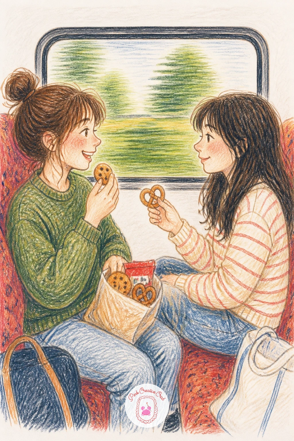 A Train Trip With Snacks — Settle the pace down again with a train trip and snacks, a scene framed by one large window shape that does most of the