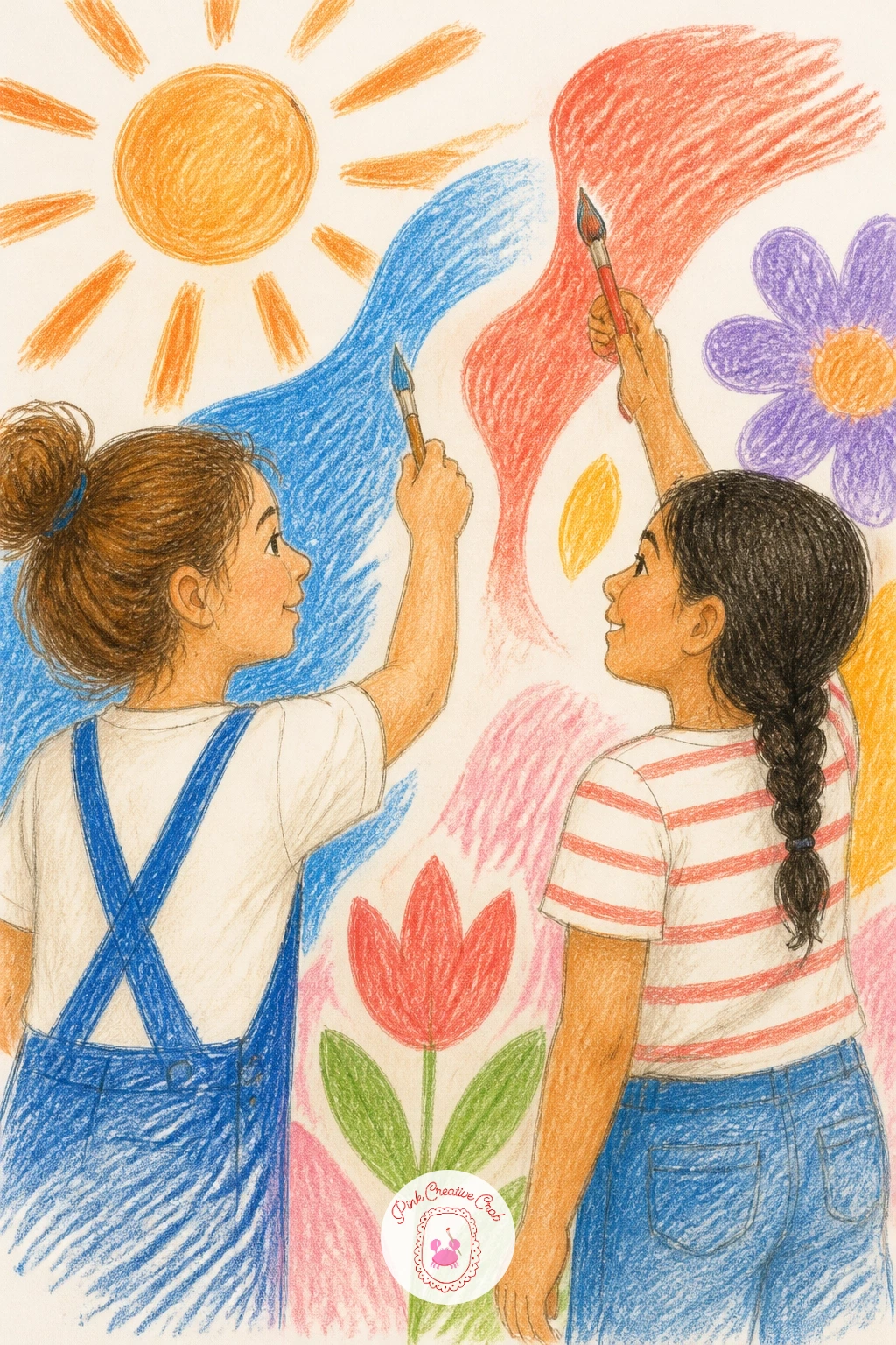 Painting a Mural Together — Keep the creative momentum going with two friends painting a mural together, a scene best drawn from slightly below so the wall and