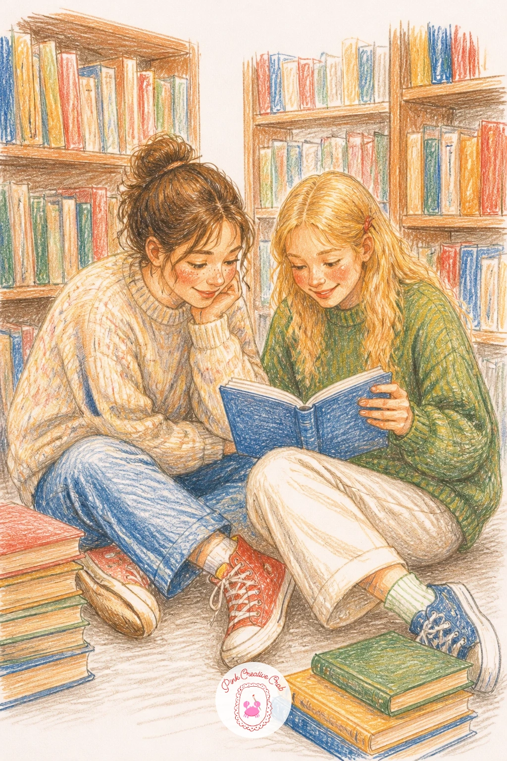 A Bookshop Afternoon — Slow right down for a bookshop afternoon, a quiet scene that works in ten minutes as just two friends seated on the floor between tall