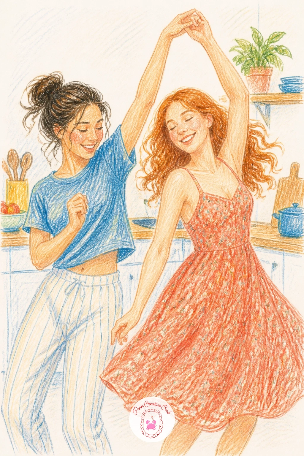 Dancing in the Kitchen — Pick the energy back up with dancing in the kitchen, best built around one strong diagonal that runs through both friends' raised arms