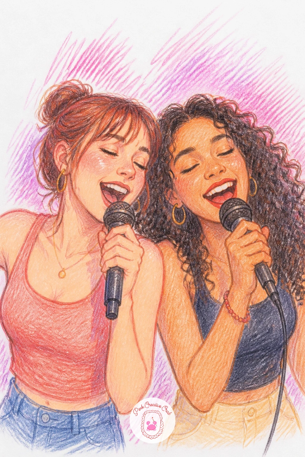 Karaoke Night — Follow the dancing energy straight into karaoke night, another scene lit from below where a glowing screen or small stage light sits lower than