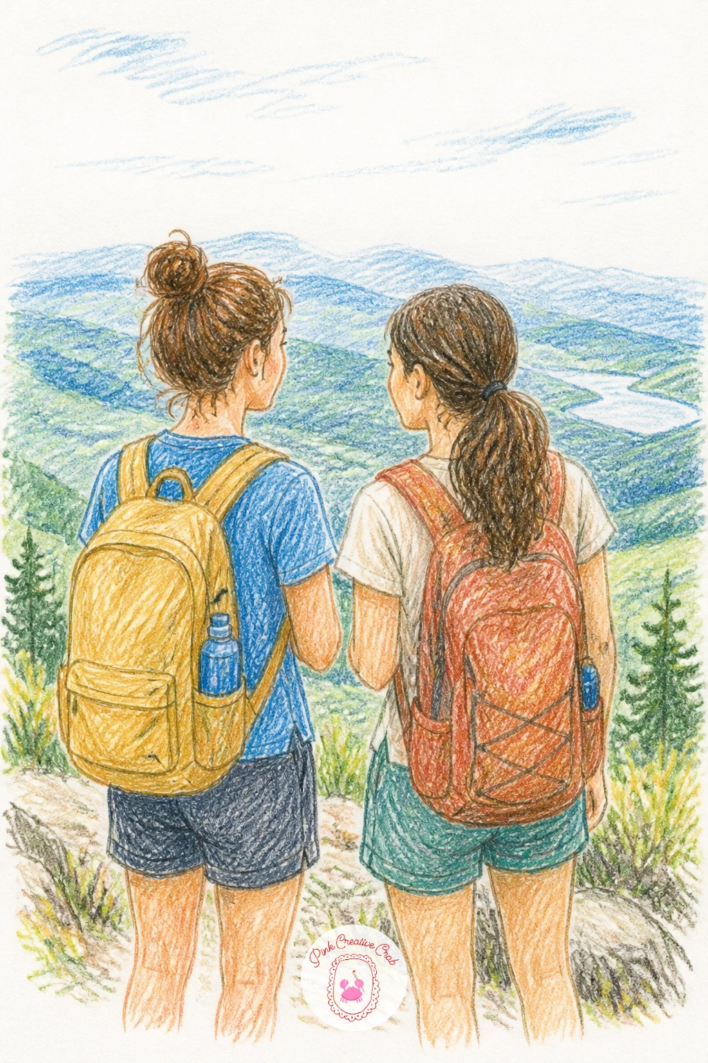 Hiking to a Viewpoint — Step outside again for hiking to a viewpoint, a scene where the eye level sits low and looking up, as if you are climbing just behind