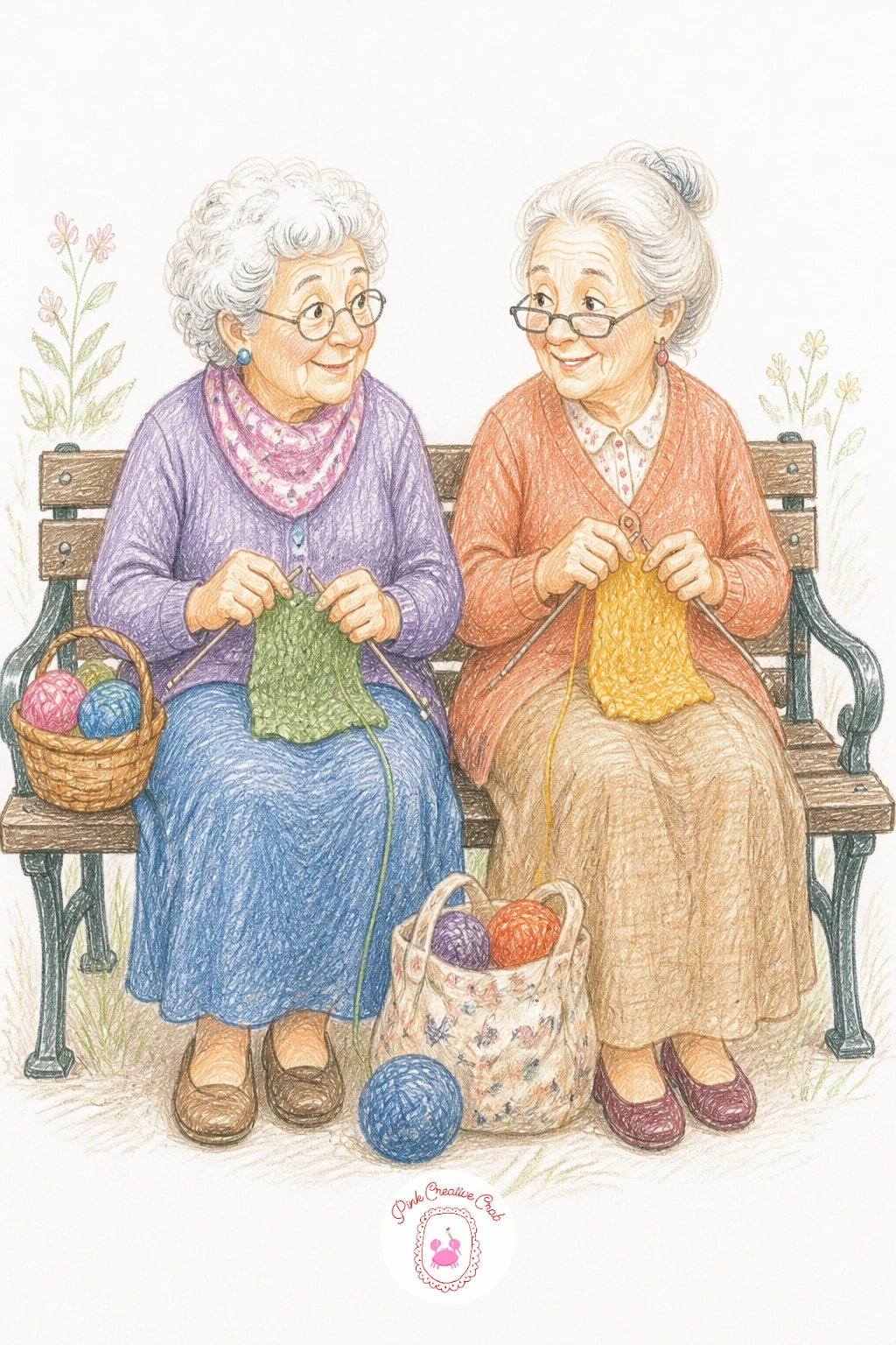 Two Grannies Knitting on a Bench — Close the whole set with two grannies knitting on a bench, a scene to vary endlessly once the basic pose works, swapping
