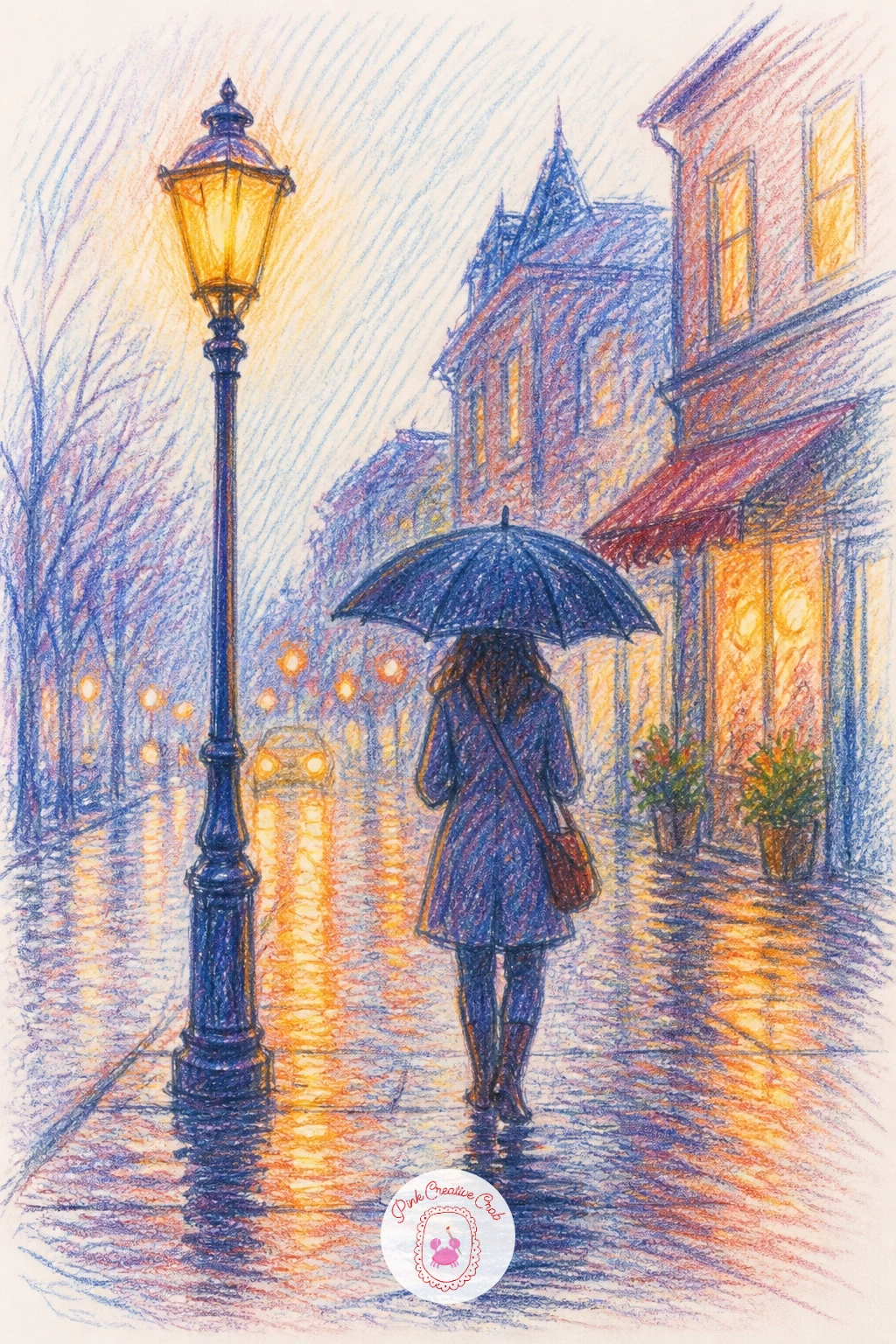Rainy Street — A rainy street asks you to think about where the light sits before you draw a single raindrop, so place a streetlamp or a lit shop window first