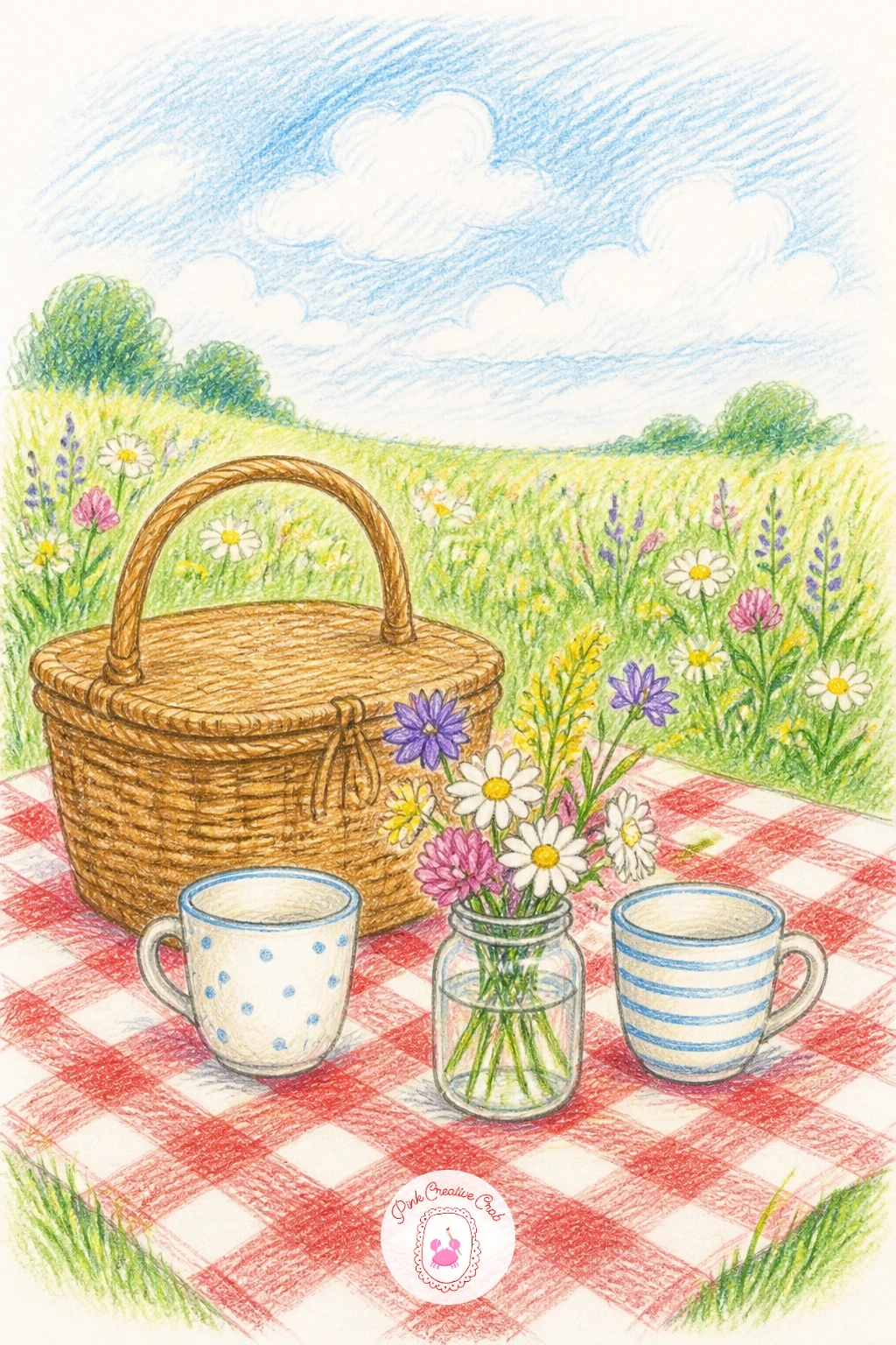 Picnic for Two — Picnic for two keeps the proportion simple if you anchor everything to one object: draw the picnic blanket first as a flattened rectangle in