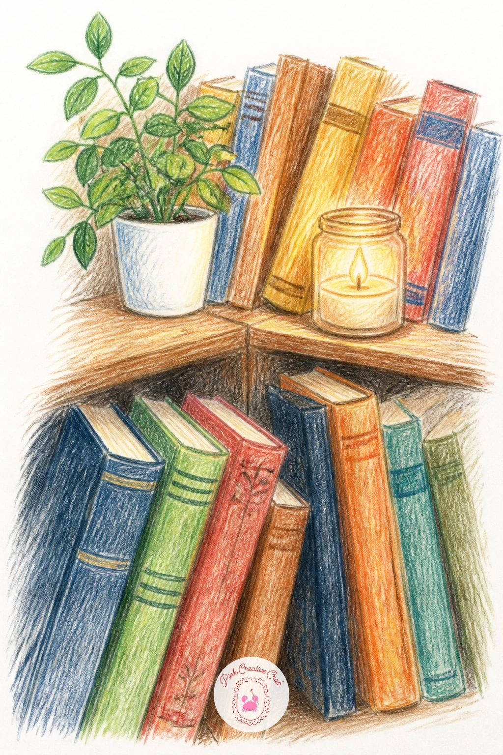 Bookshelf Corner — Keep the bookshelf corner from feeling cluttered by establishing the shelf as a few confident rectangles before you add a single book.