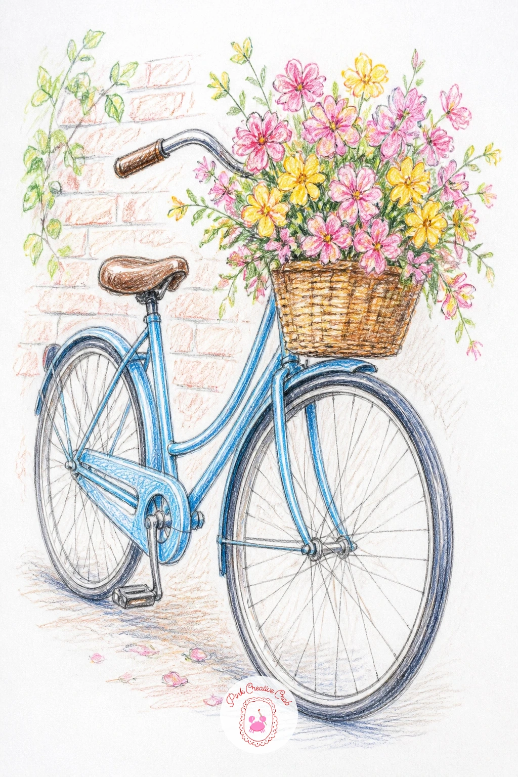 Bicycle with Flowers — A bicycle with flowers in its basket is a nice chance to practice ellipses, since both wheels need to match in size and tilt or the