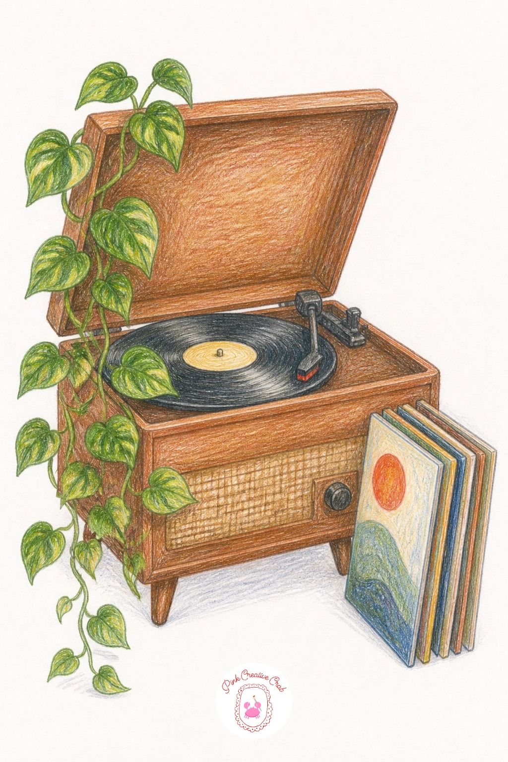 Record Player with Plants — A record player with plants puts a hard, geometric object right next to something loose and organic, and that contrast is the whole