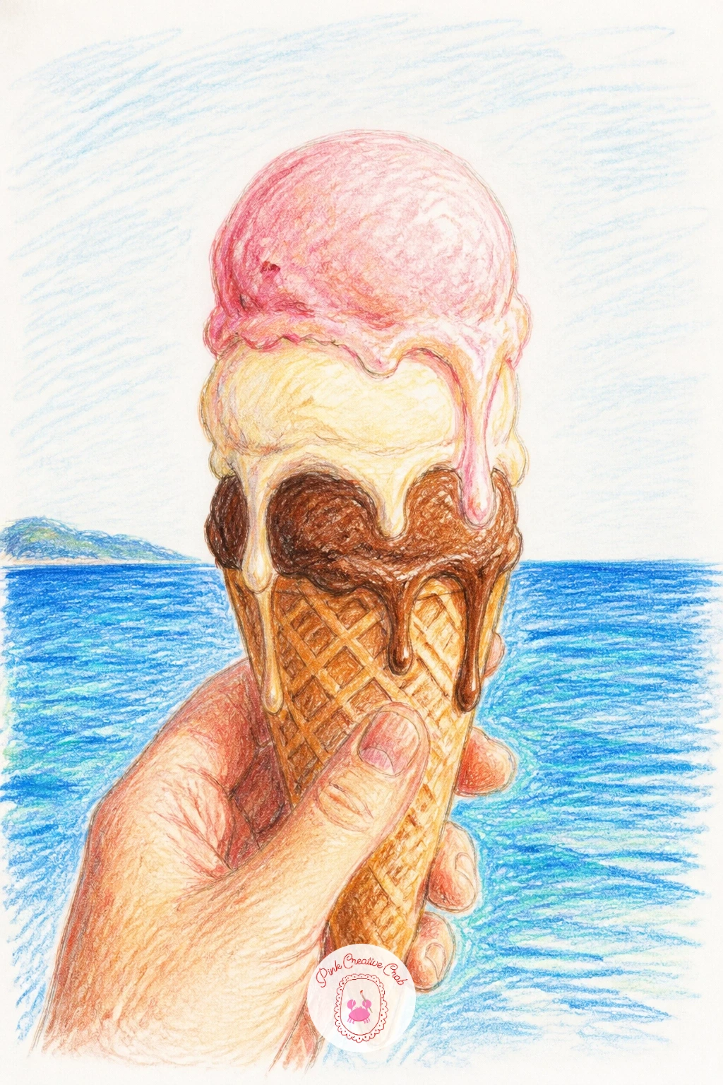 Ice Cream at the Seaside — Ice cream at the seaside is all about getting the melt right, so draw the cone first with the scoops slightly uneven in size and let