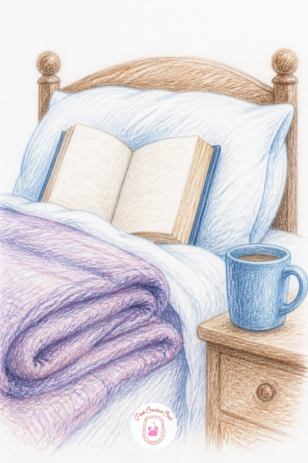 Cozy Bed with a Book — A cozy bed with a book asks you to think about folds before furniture, so start with the blanket draped over a simple bed shape and