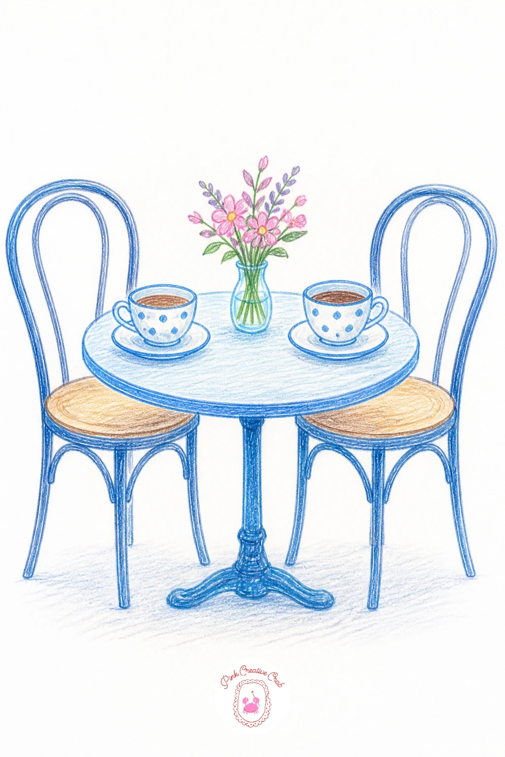 Cafe Table for Two — A cafe table for two needs its two cups and chairs to feel like a matched pair, so measure one cup against the other as you draw to keep