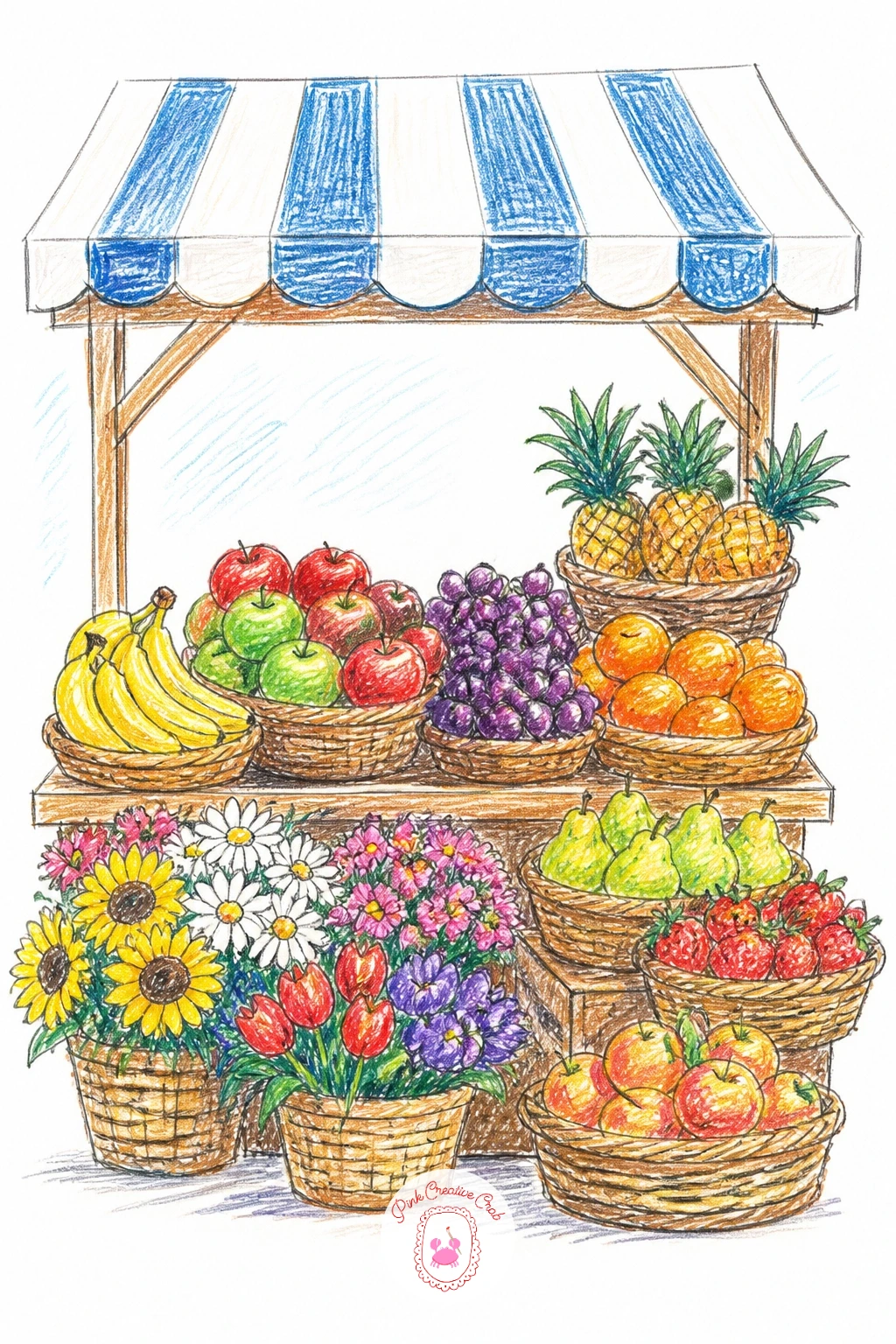 Market Stall — A market stall works best built in layers from back to front, the canopy and table first, then the big shapes of fruit or flower bunches, and