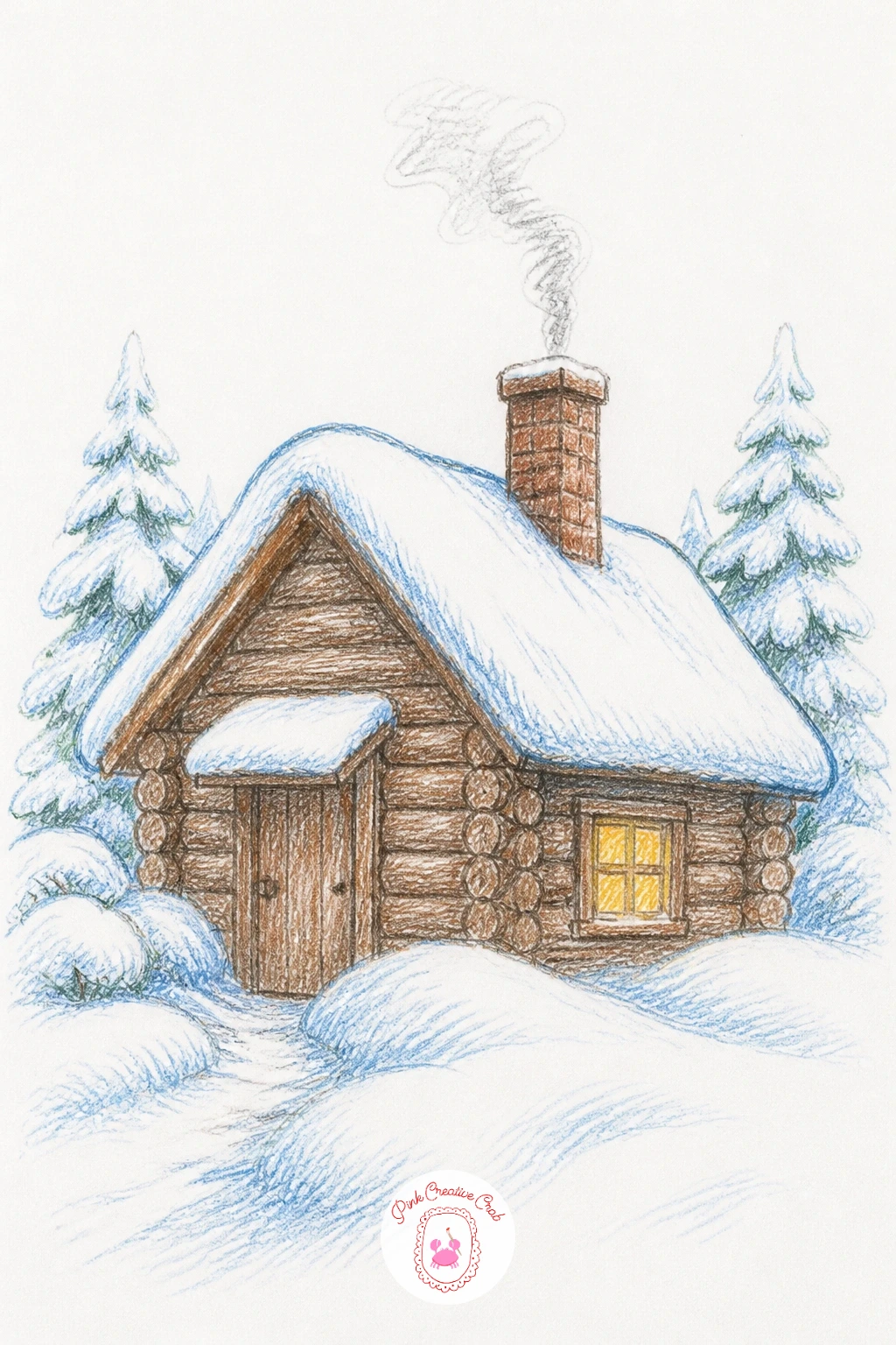 Snowy Cabin — A snowy cabin builds nicely from the roofline down, so draw the peaked roof thick with snow first and let that heavy white shape set the mood