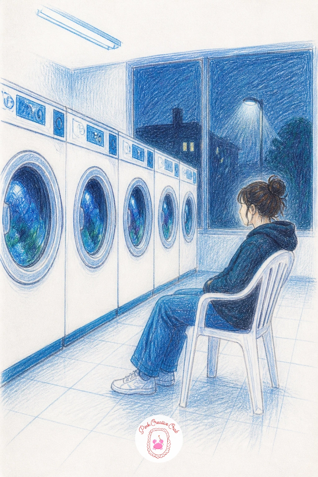 Laundromat at Night — A laundromat at night is really an exercise in rows, so draw the line of washing machines first as a repeated series of simple rounded