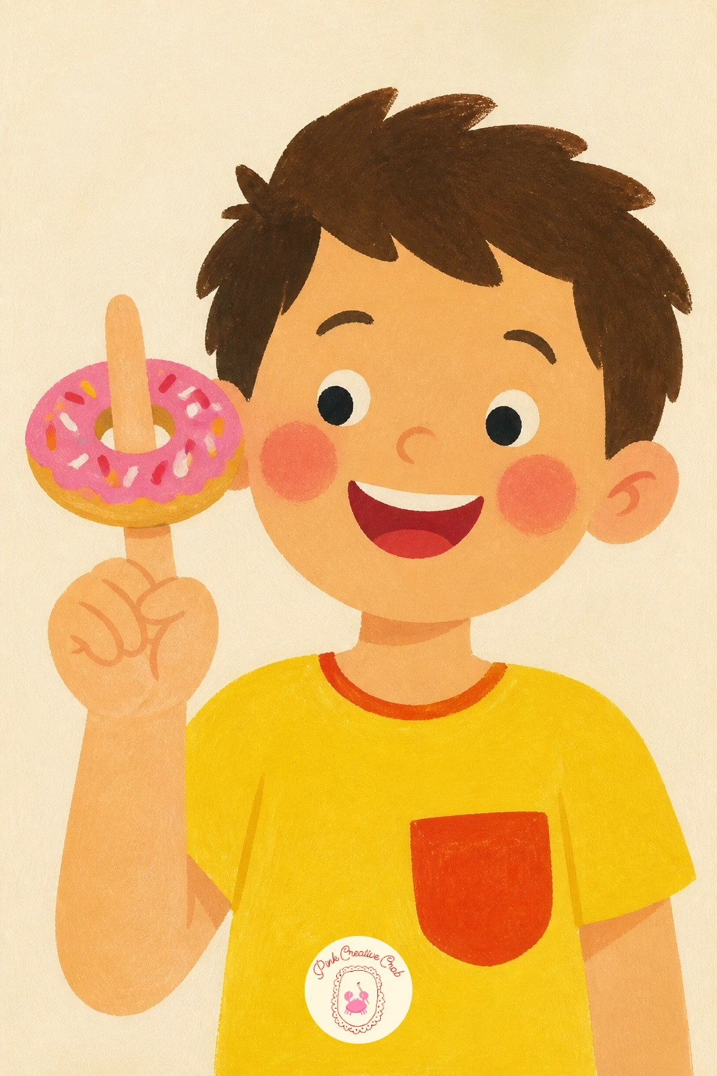 Kid Wearing a Donut on a Finger — Add a small human moment with a kid wearing a donut on a finger, the donut slipped over one raised finger the way kids do