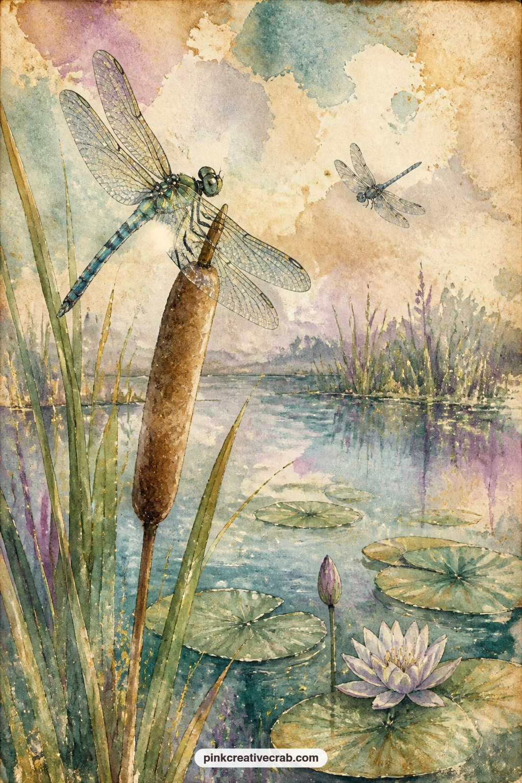 Dragonfly On A Cattail Over A Pond printable page — Opens the set with a dragonfly resting on a cattail stem above still water, wings caught mid-light over a