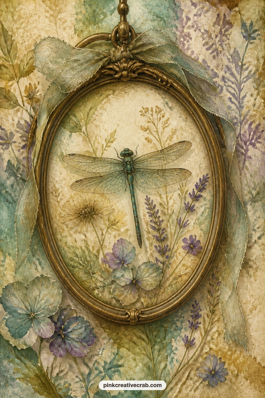 Dragonfly With Pressed Flowers In A Frame printable page — Tuck a real pressed flower or a paper one behind the frame edge on this page, or slide in a small