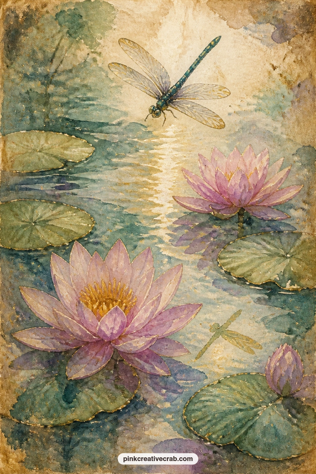 Dragonfly Over Water Lilies printable page — Pair this one with the lily pad repeat pattern later in the set, using the pattern as a pocket lining tucked