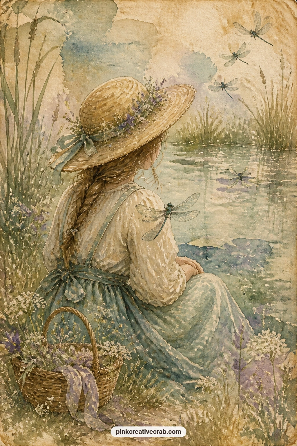 Girl In A Straw Hat Watching Dragonflies printable page — Give her a short caption: what she is thinking, or what the afternoon smells like, written in a line