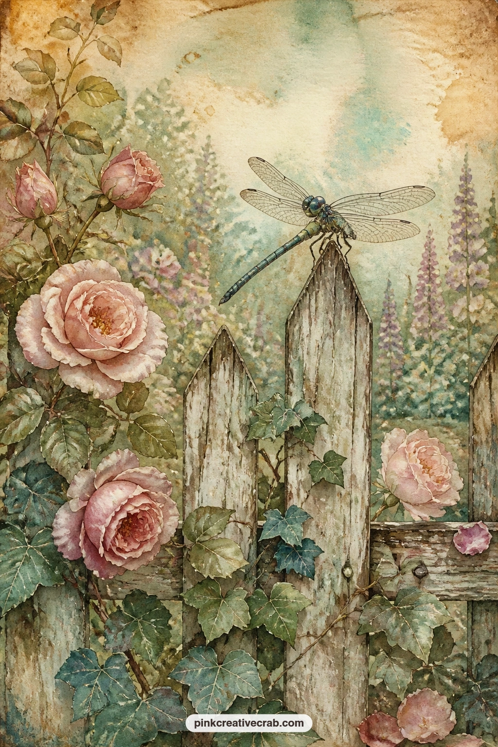 Dragonfly On A Garden Fence printable page — The usual mistake here is painting the fence flat and lifeless; keep a little weathering in the wood grain and the