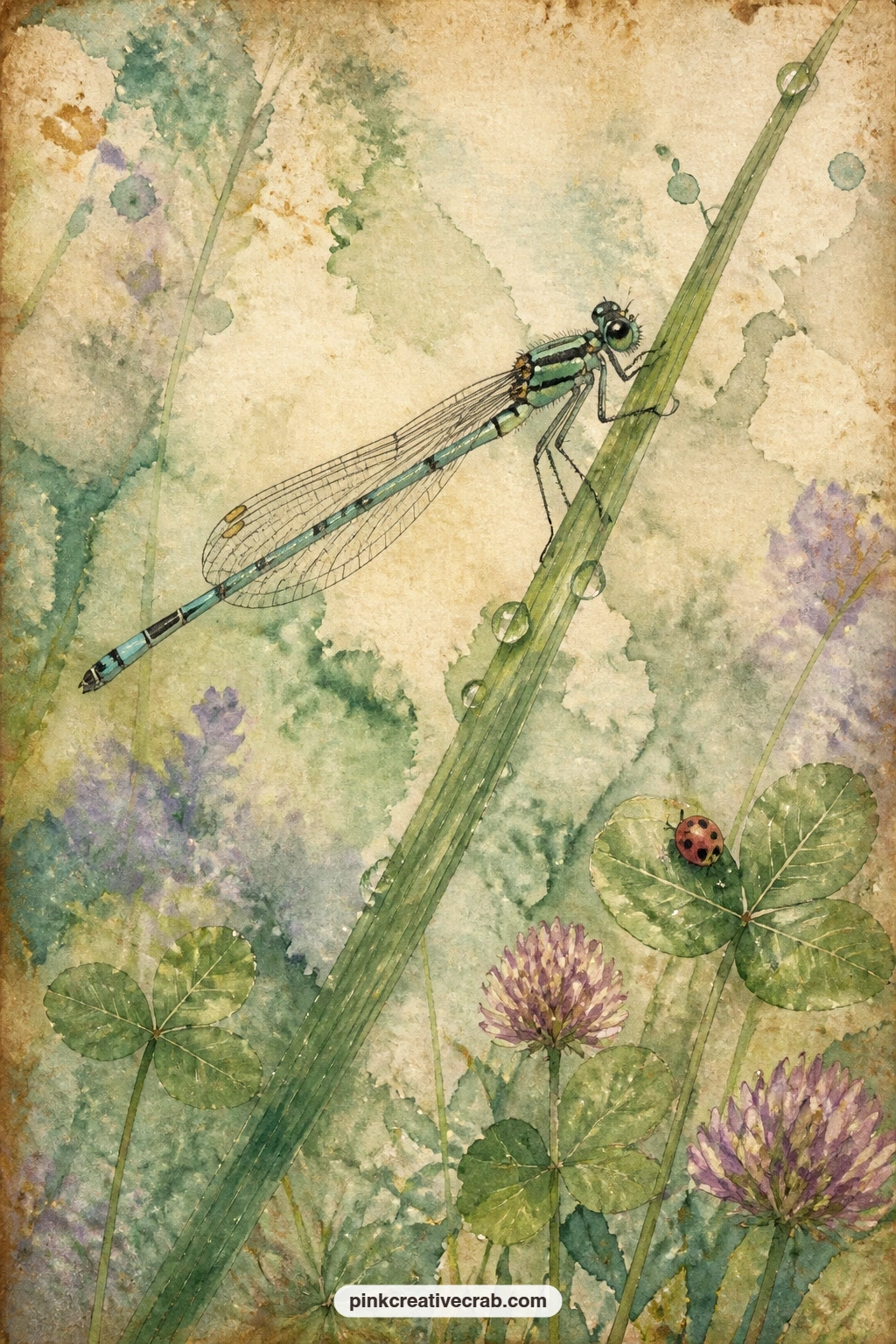 Damselfly On A Blade Of Grass printable page — Best suited to a nature-loving grandmother in a gift journal, since the quiet detail rewards slow looking rather