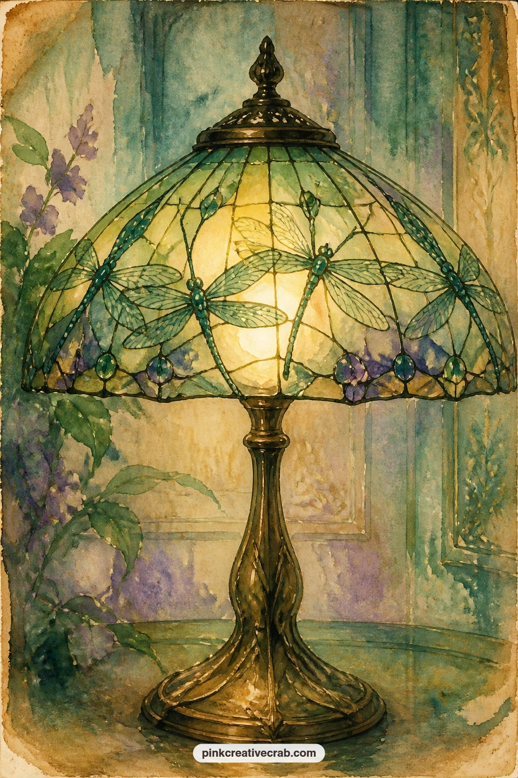 Stained Glass Dragonfly Lamp printable page — Painted glass panels, a curved bronze base and a dragonfly motif worked into the shade bring an art nouveau lamp