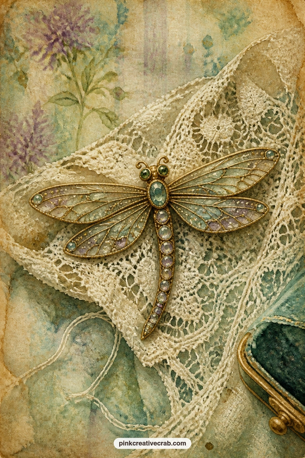 Dragonfly Brooch On Old Lace printable page — Five minutes is enough for this one: glue the page in, write a single line underneath about who might have worn