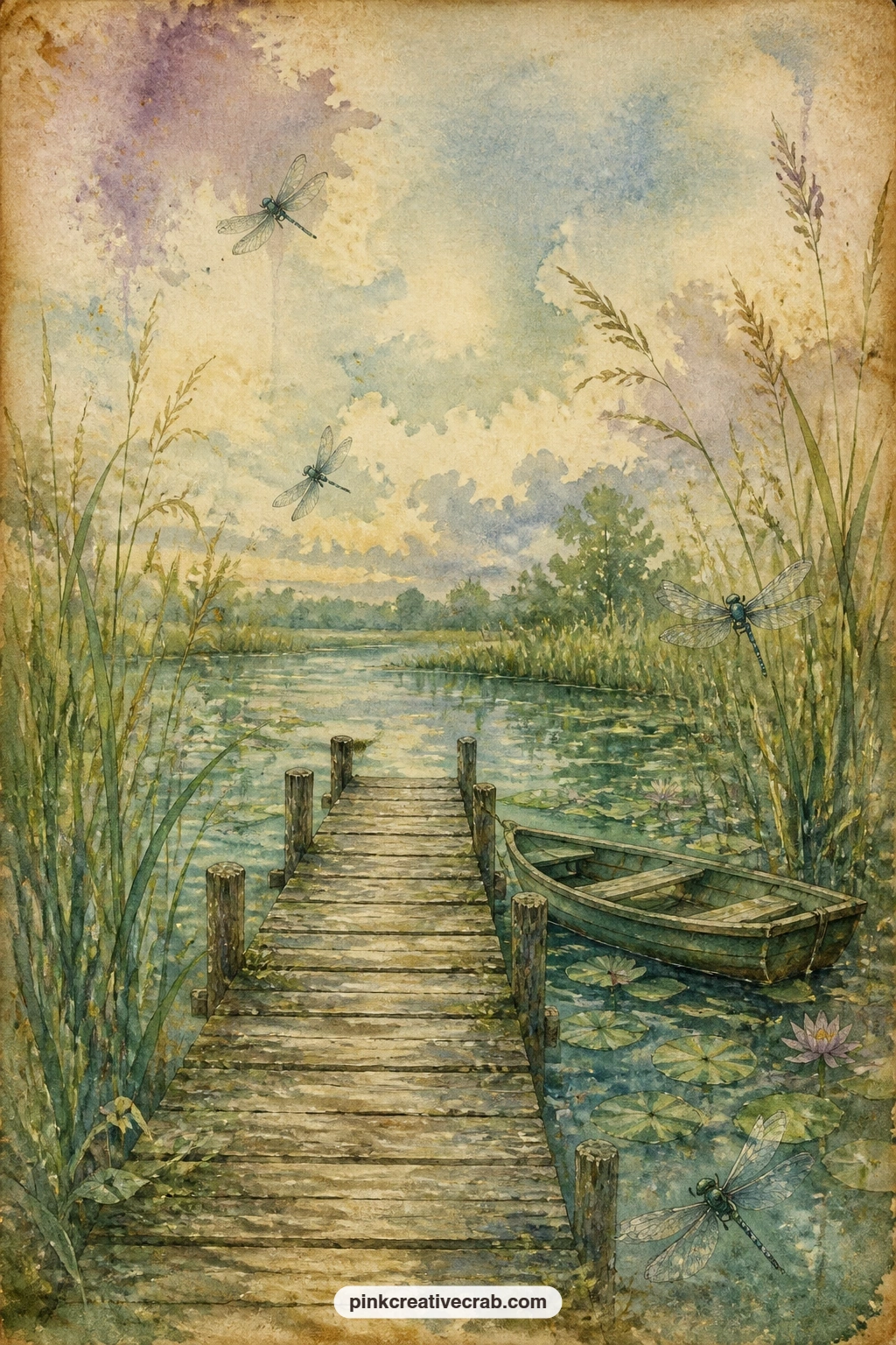 Pond With Reeds And A Wooden Jetty printable page — Stretching across a quiet pond toward open water, a weathered jetty with reeds growing thick along its edge