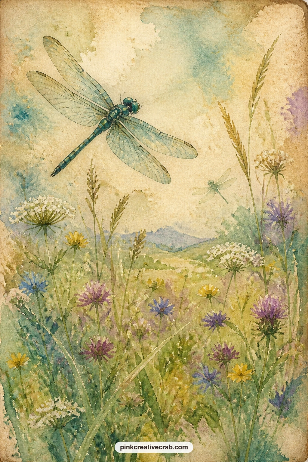 Dragonfly Above A Summer Meadow printable page — Face this page opposite the pond and jetty scene before it, so the spread moves naturally from water to open