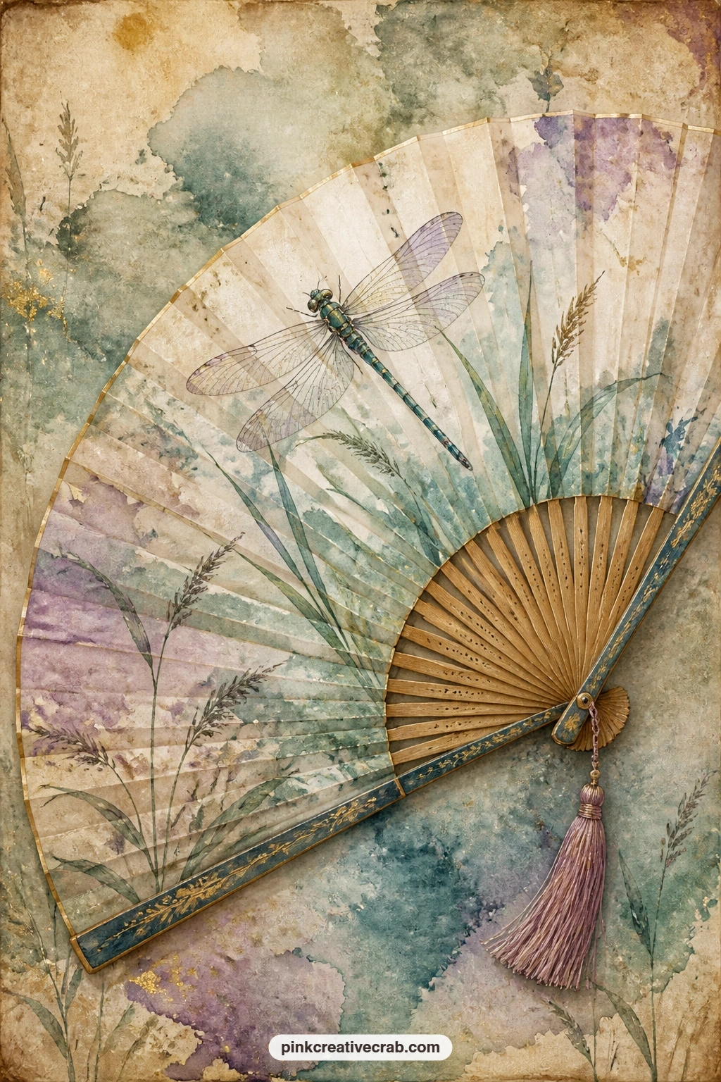 Japanese Fan Painted With A Dragonfly printable page — Carries a folded paper fan decorated with a painted dragonfly, bamboo ribs showing at the edge and a