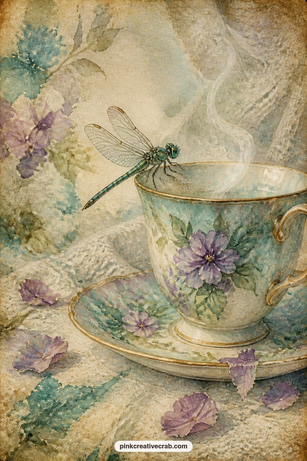 Dragonfly Landing On A Teacup Rim printable page — Settling lightly on the painted rim of a floral teacup, a dragonfly shares the saucer with a few spilled