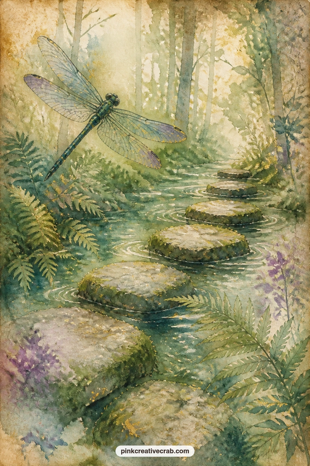 Dragonfly Over A Stream With Stepping Stones printable page — Tear the top edge of this page before gluing it in, so the stream seems to run off the sheet and