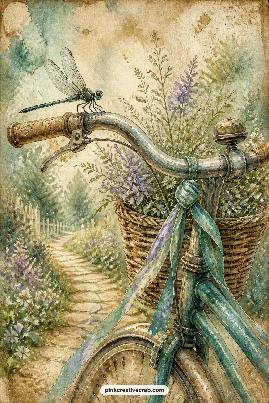 Dragonfly On A Bicycle Handlebar printable page — Fits well in a gift journal for a friend who cycles to the garden centre or the farmers market every summer