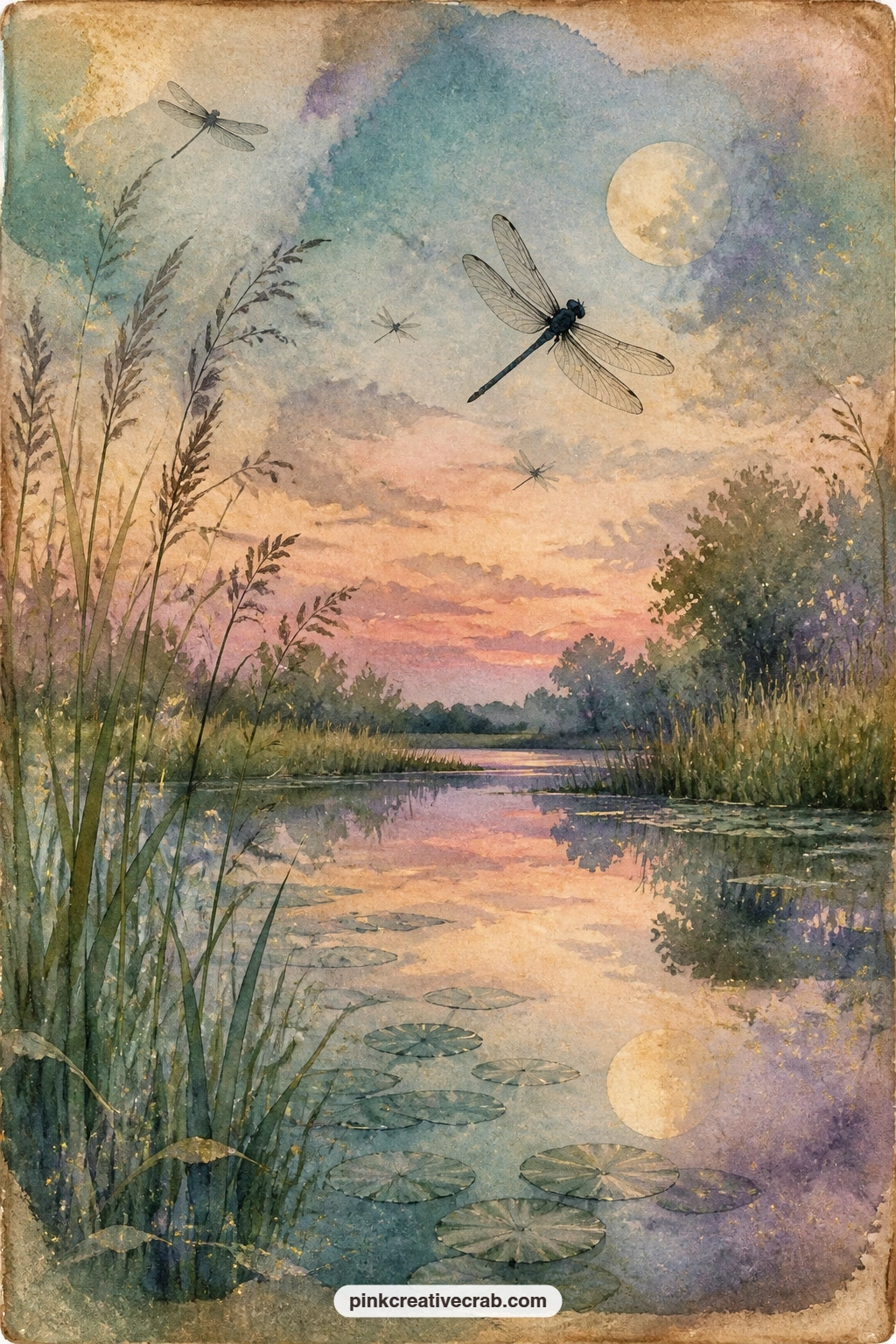Pond At Pastel Summer Dusk printable page — Ask yourself on this page: what sound carries furthest across water at dusk, and let that be the first line you