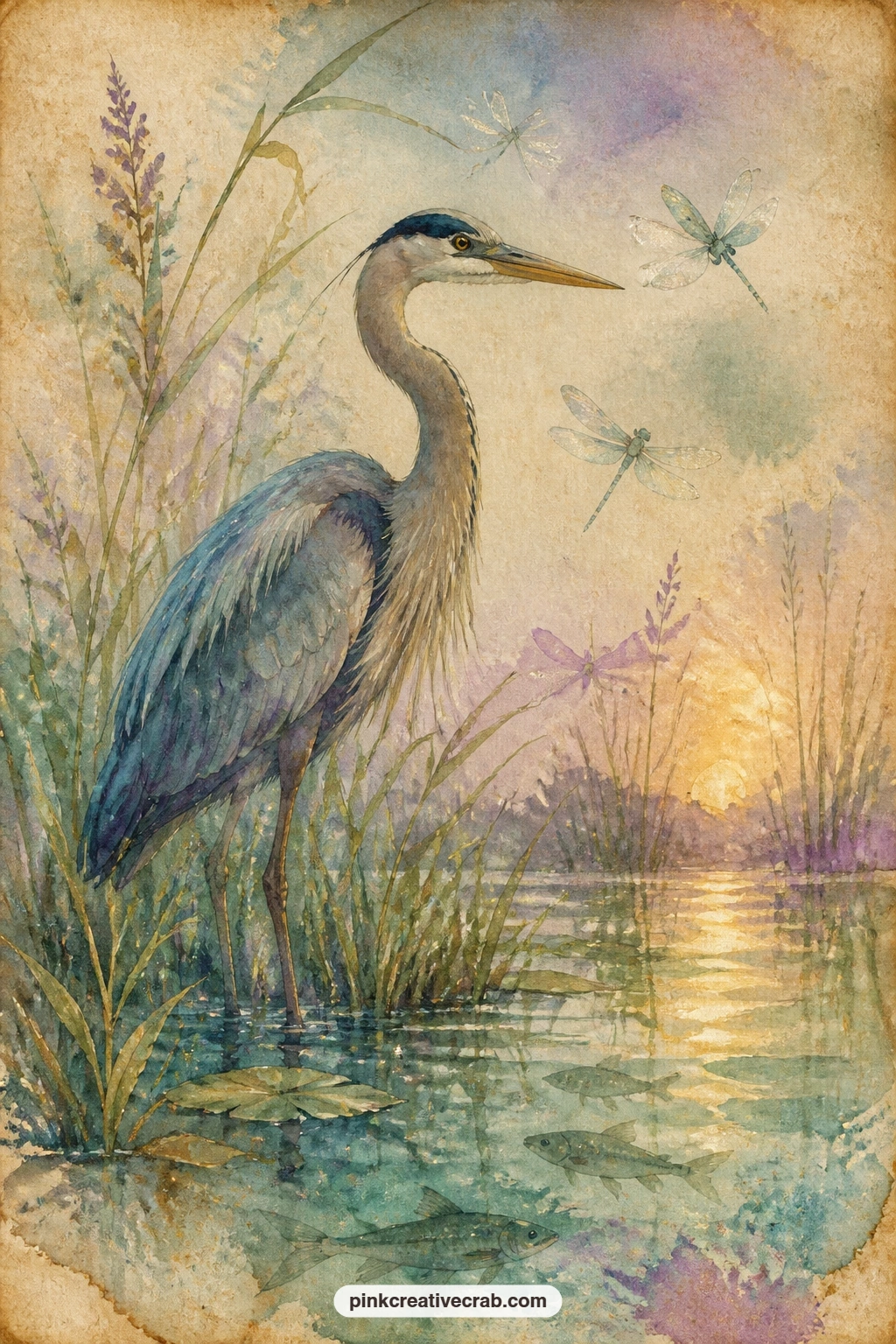 Heron And Dragonflies Among Reeds printable page — Standing still among tall reeds, a heron shares the shallows with a scatter of dragonflies, each one keeping