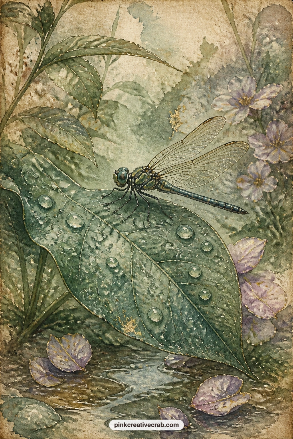 Dragonfly On A Leaf After Rain printable page — Pair this page with the water ripple background further along in the set, slipping it in as a pocket lining
