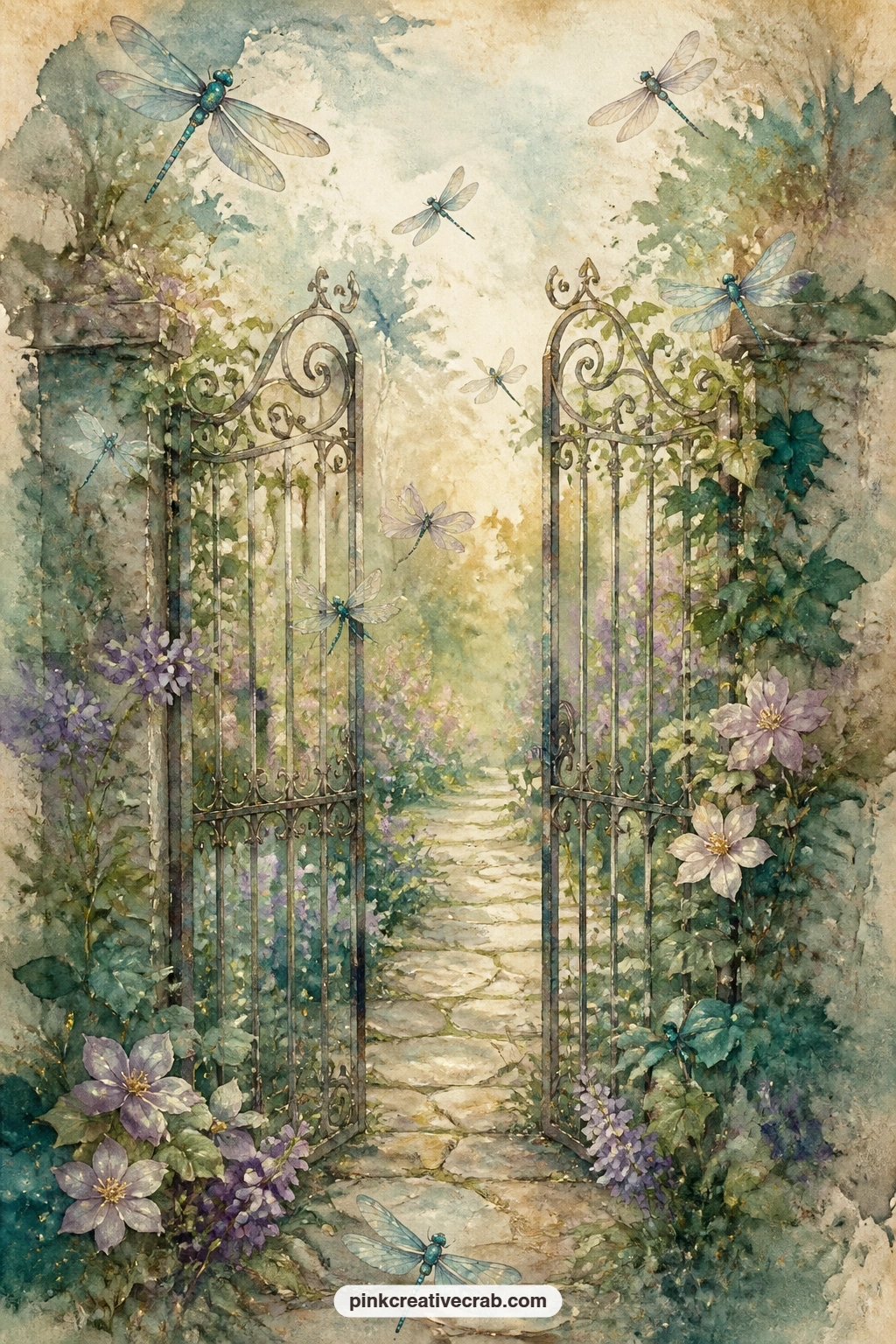 Garden Gate With Dragonflies Around It printable page — Swings open onto a path lined with flowers, dragonflies circling the old iron gate while climbing vines