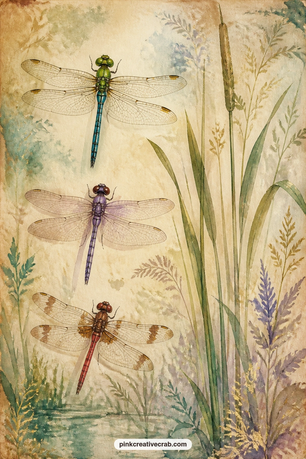 Botanical Study Of Dragonfly Species And Reeds printable page — The usual mistake with a botanical study page is cramming it edge to edge; leave a little