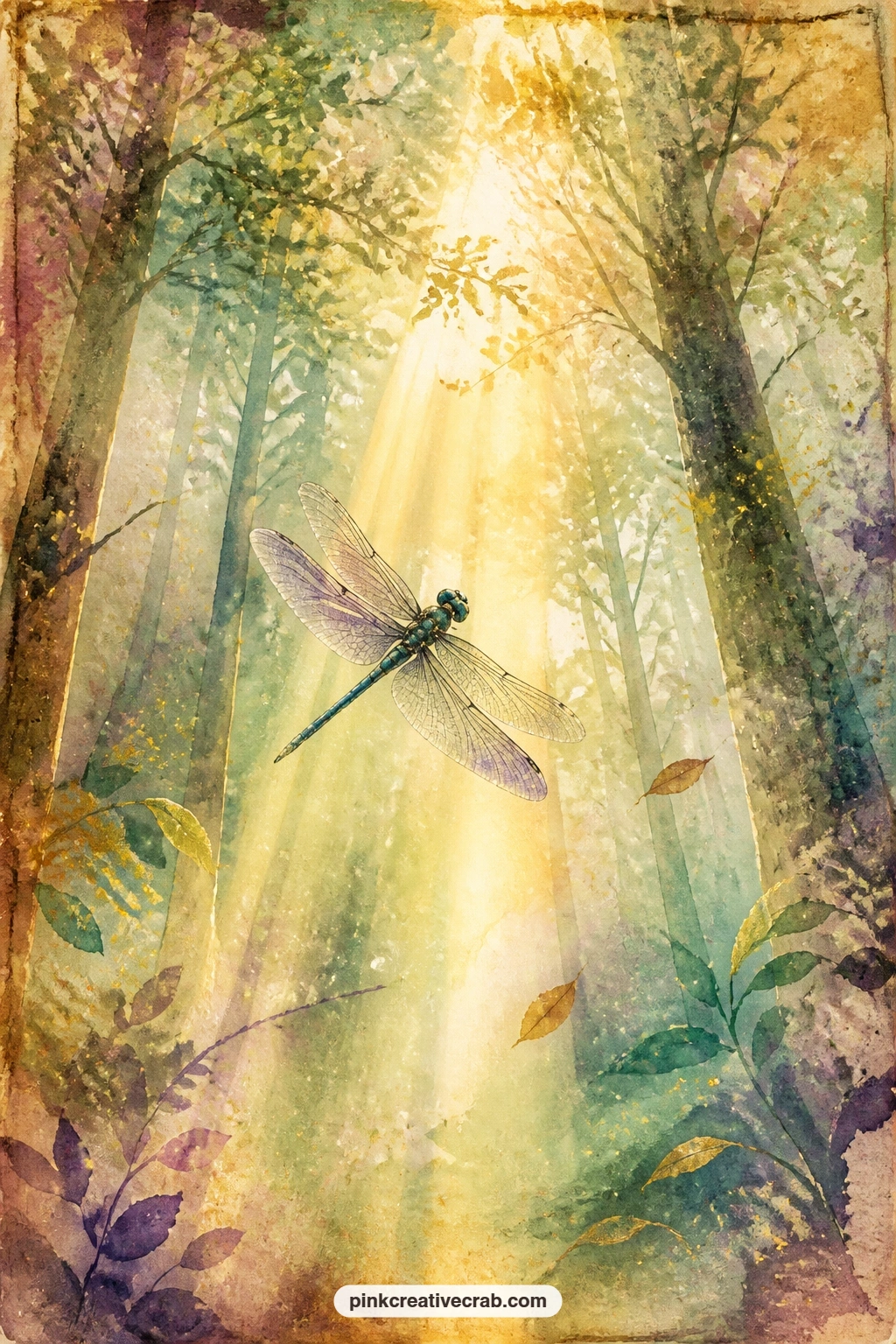 Dragonfly In A Sunbeam Through Trees printable page — Catches a dragonfly crossing a single beam of light falling through tall trees, dust and pollen drifting