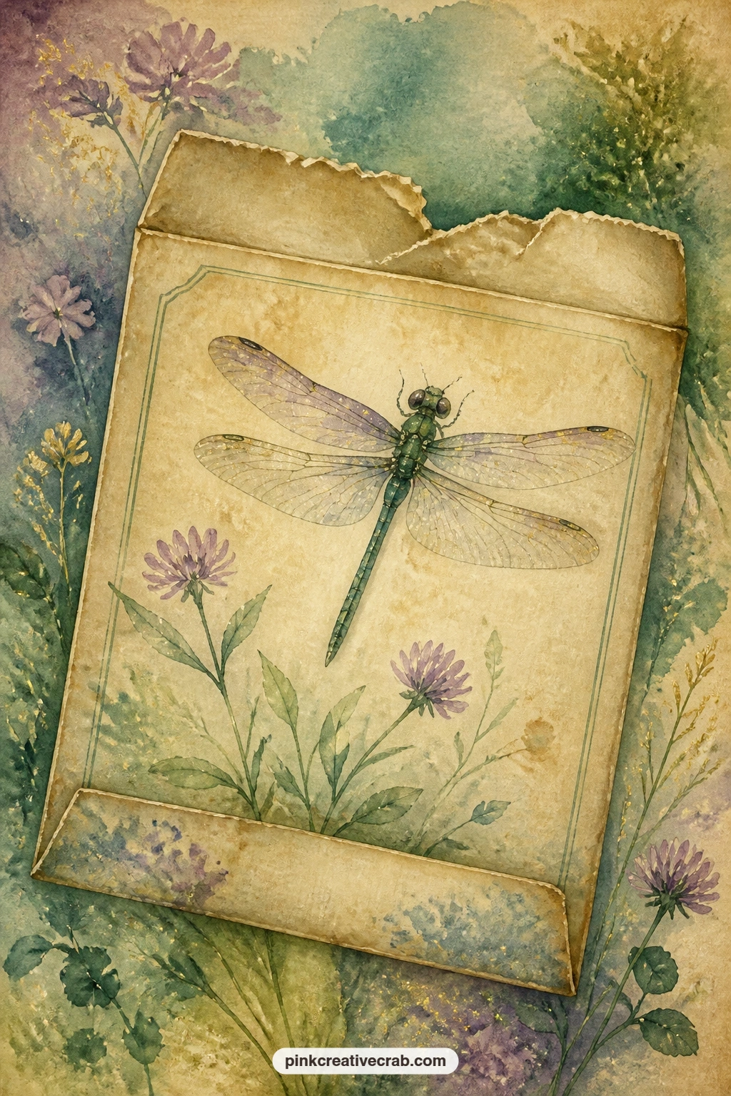 Vintage Seed Packet With A Dragonfly printable page — Glue a real seed packet corner onto this page, or slip a few actual flower seeds into a small paper