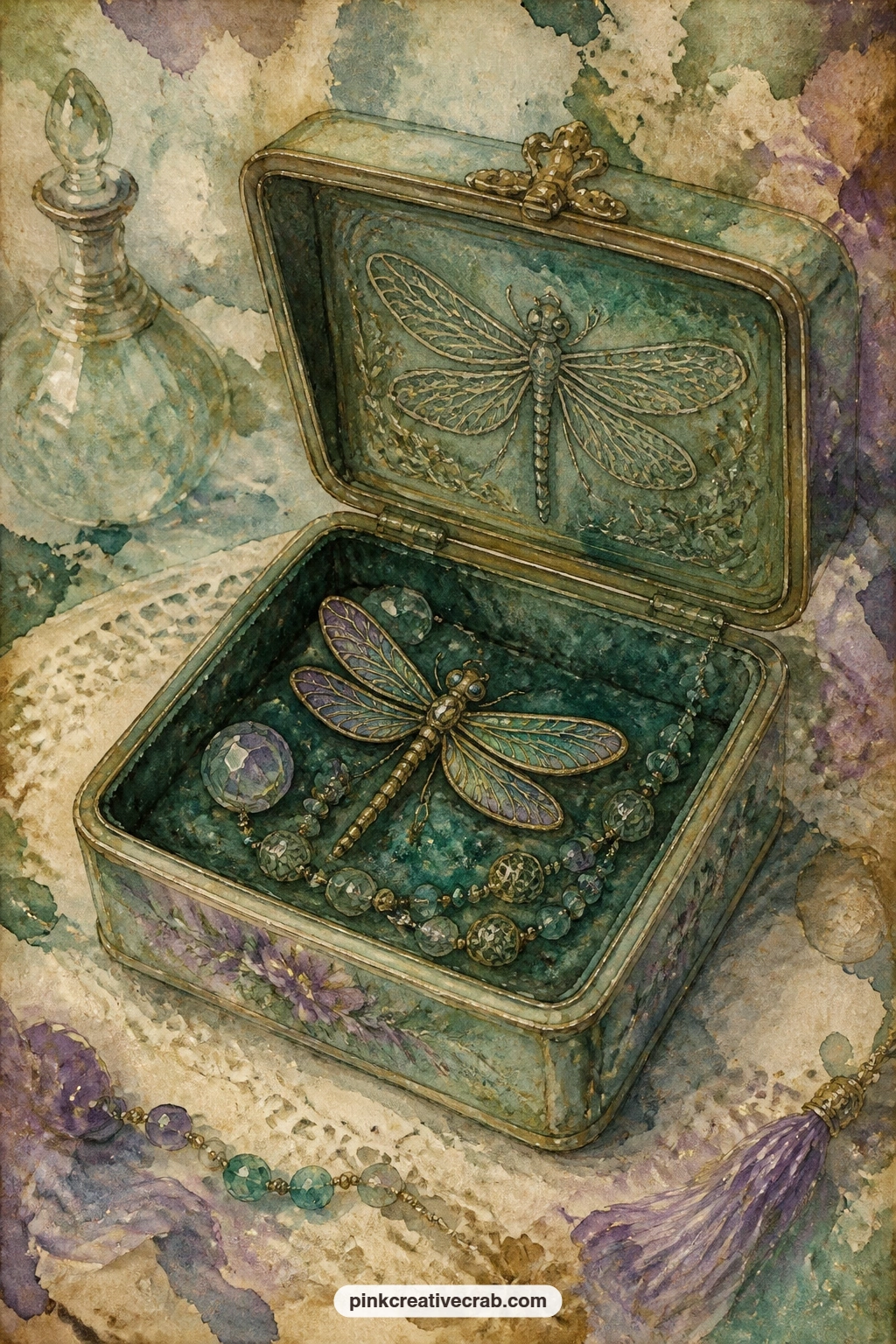 Dragonfly Jewelry Box printable page — Opens to show a small dragonfly brooch and a string of beads resting inside a velvet-lined box, its lid carved with a