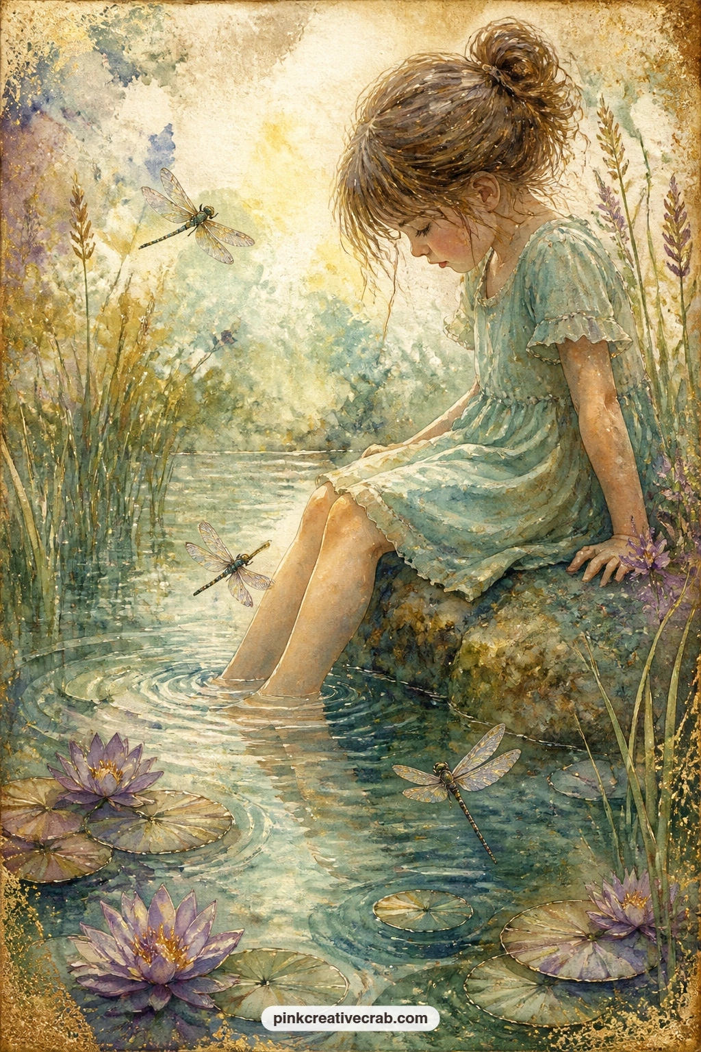 Girl Dipping Her Feet In A Pond With Dragonflies printable page — Closes the scene pages with a girl sitting at the water's edge, feet trailing in the pond