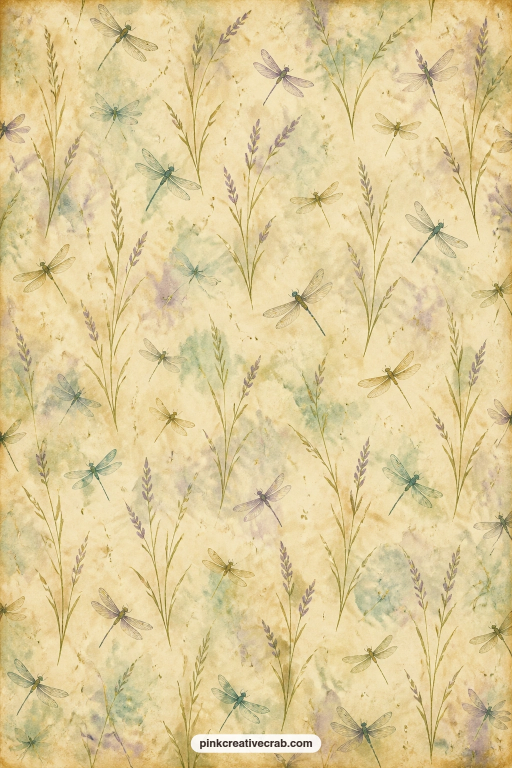 Dragonfly And Reed Repeat Pattern printable page — Small dragonflies and slender reed stems repeat across the whole sheet in this set's dusty teal and moss